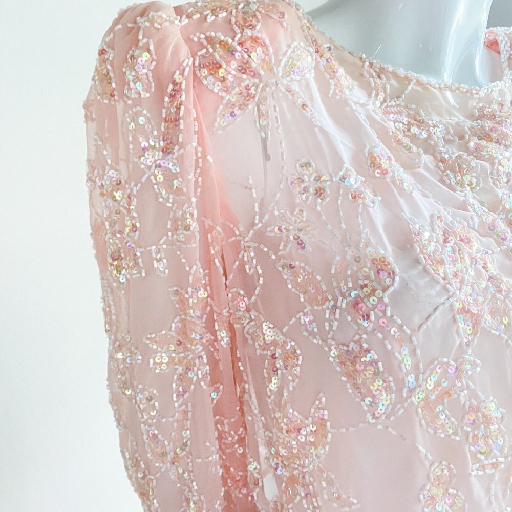Vintage SILK Peach Pink Beaded Embroidered Cropped Evening Top M - Picture 7 of 9